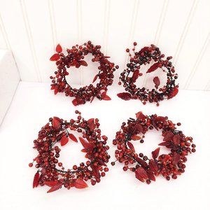 Candle Holder Wired Rings Red Resin Beaded Christmas Berries Wreath 5" -Set of 4